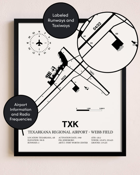 Framed Texarkana Regional Airport-Webb Field layout wall art poster