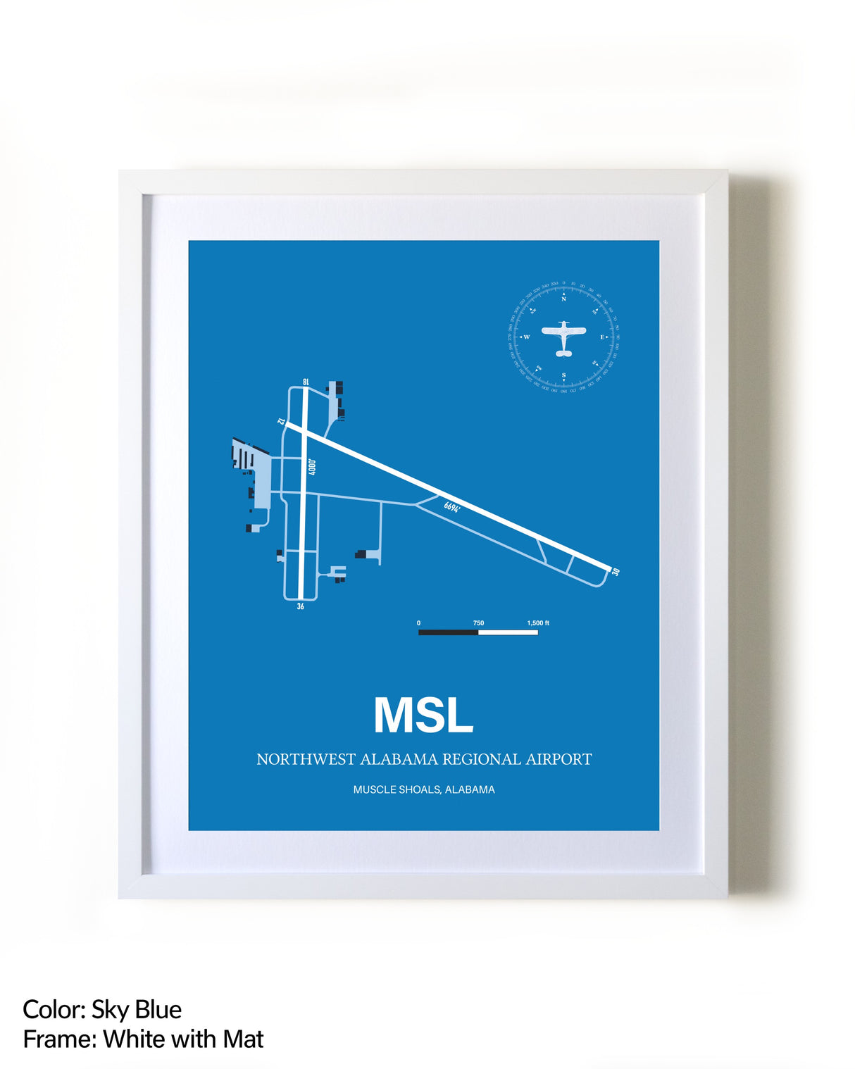 Northwest Alabama Regional Airport framed wall art in white frame with mat