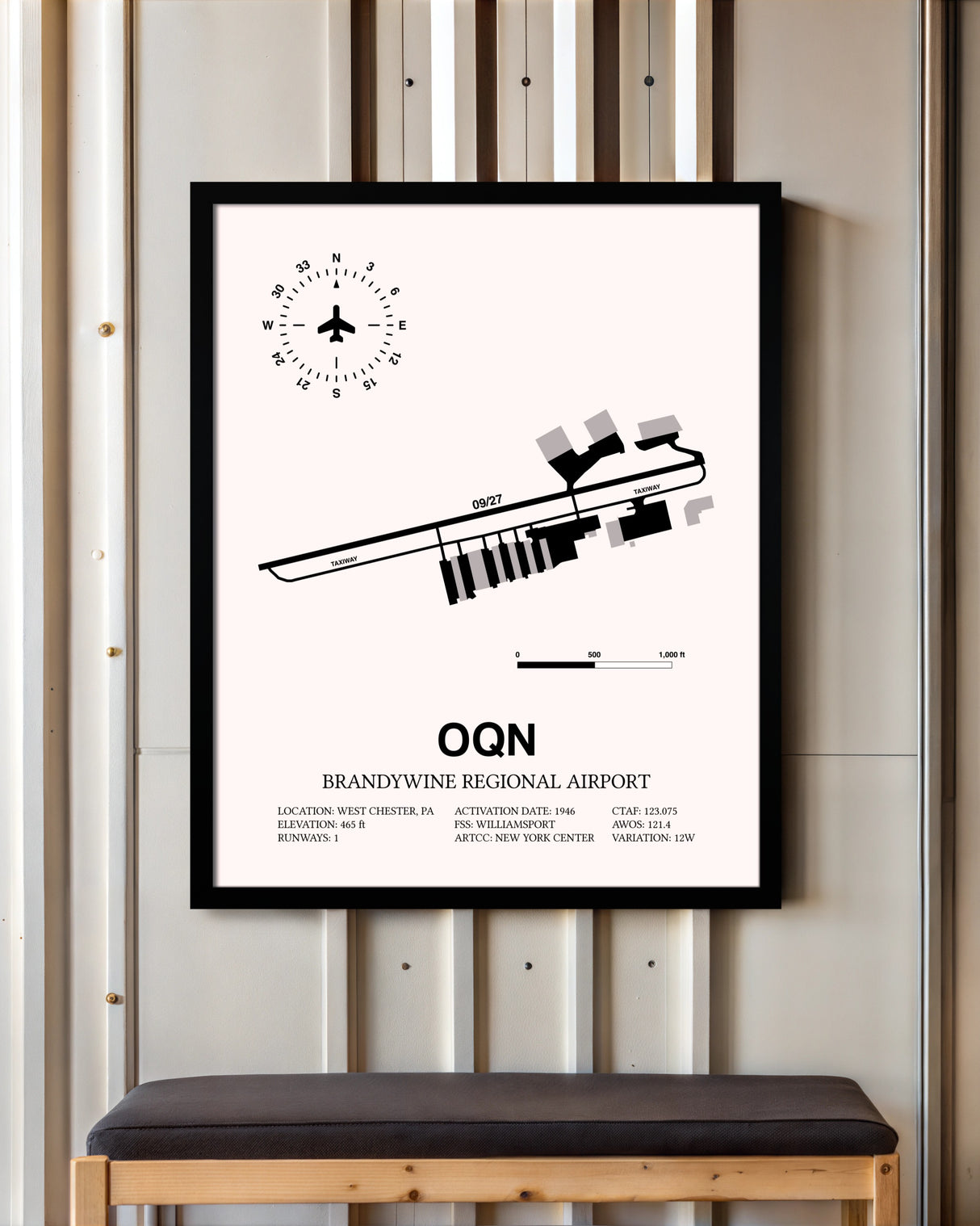 Brandywine Regional Airport framed poster displayed in an airplane hangar