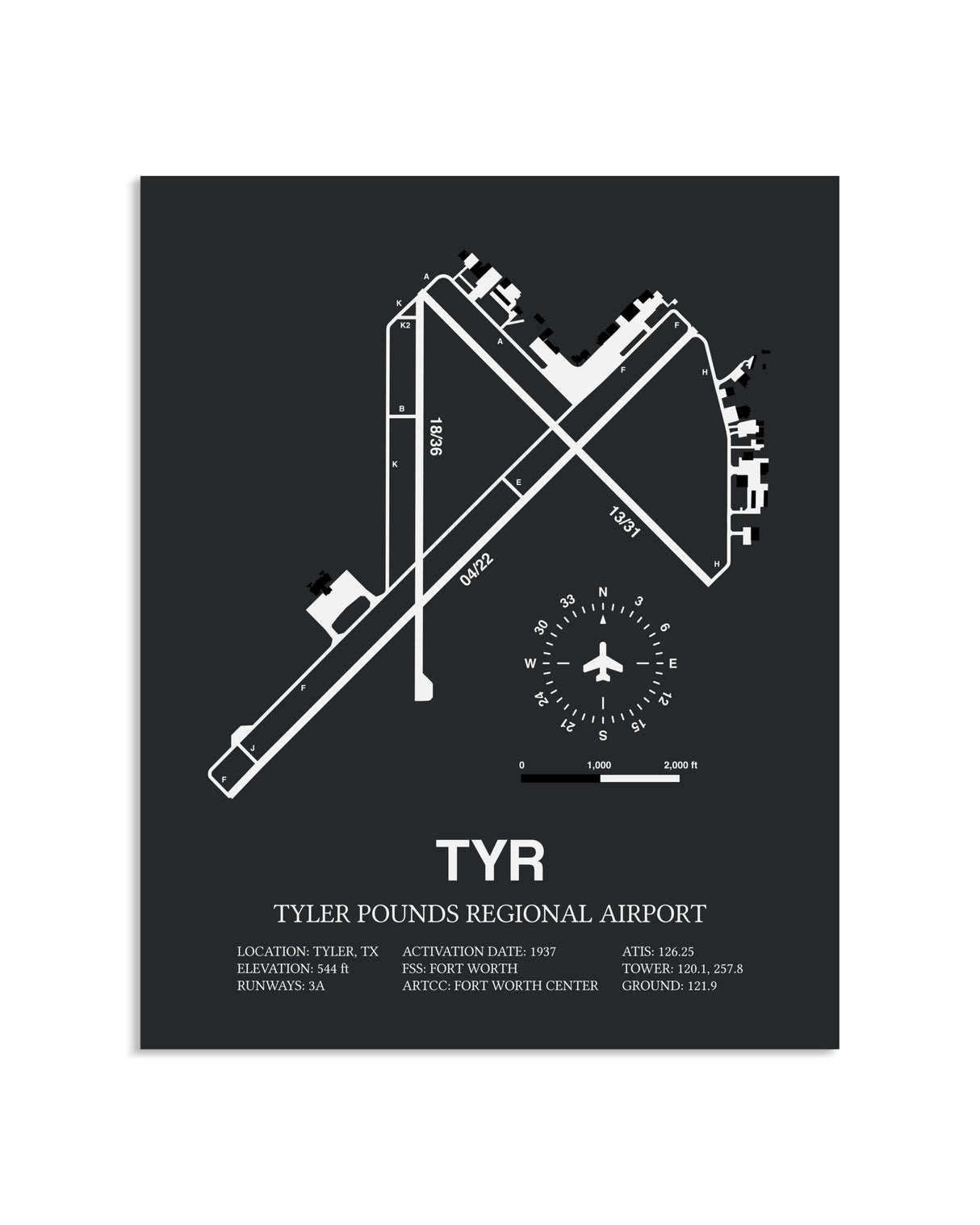 Gray Framed Tyler Pounds Regional Airport layout wall art poster