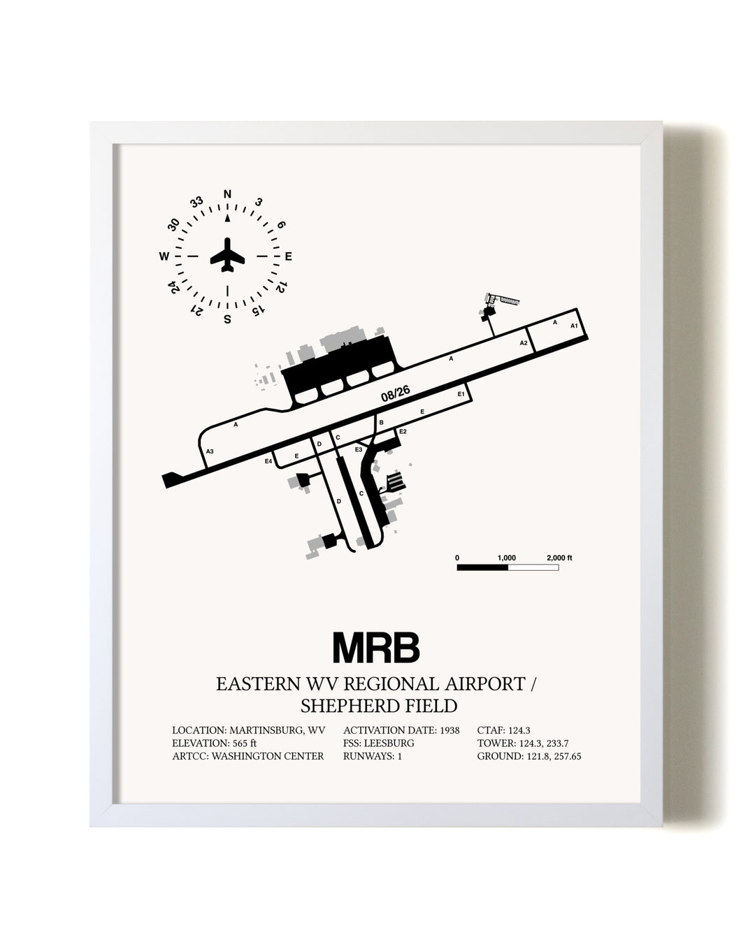 Eastern WV Regional Airport / Shepherd Field airport map poster in oak frame