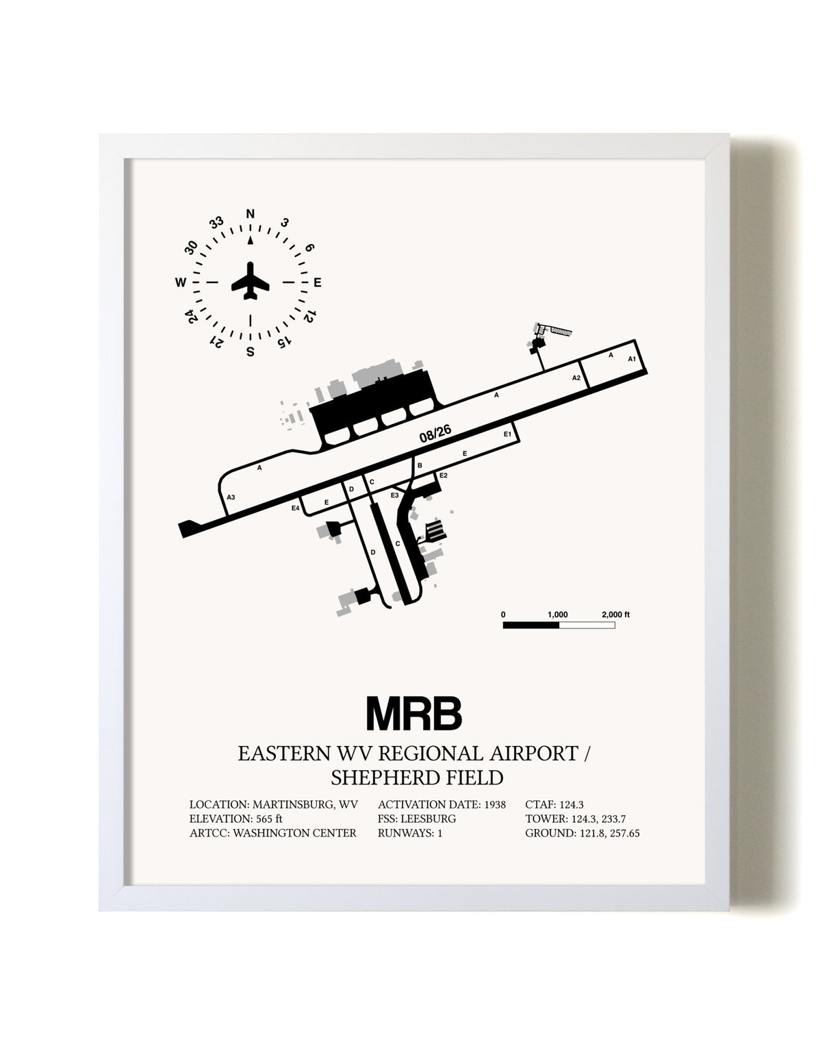 Eastern WV Regional Airport / Shepherd Field airport map poster in oak frame