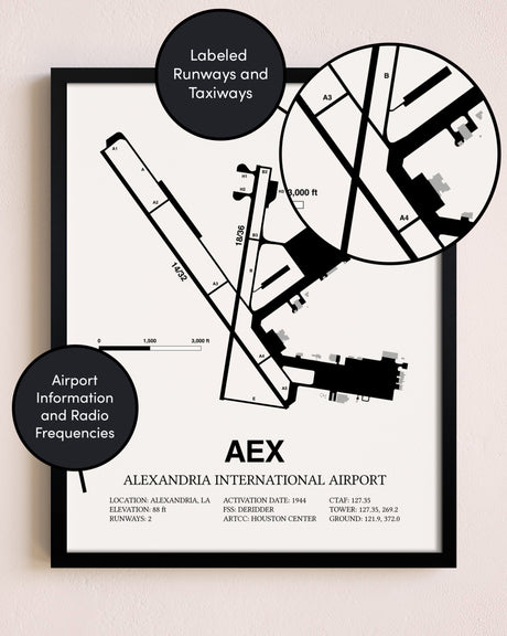 Framed Alexandria International Airport layout wall art poster