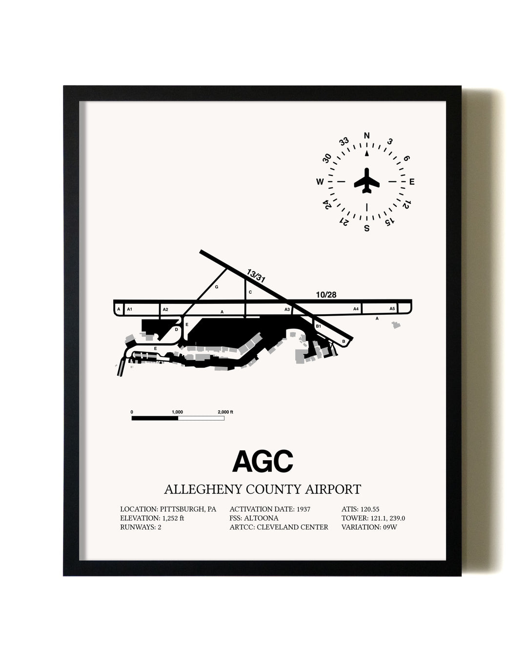 Framed Allegheny County Airport wall art poster in black frame