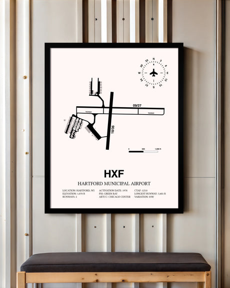 Hartford Municipal Airport framed poster displayed in an airplane hangar