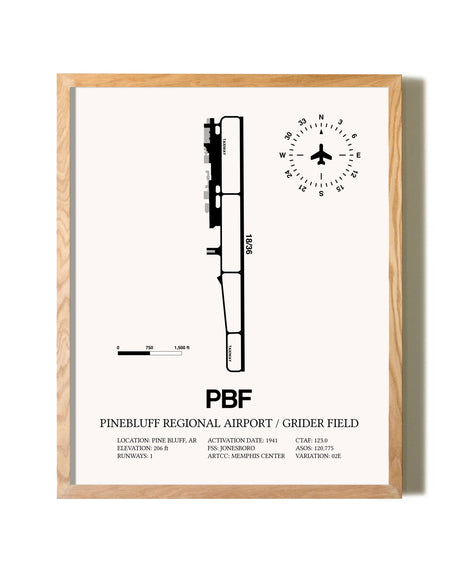 Pinebluff Regional Airport / Grider Field framed print in natural wood frame