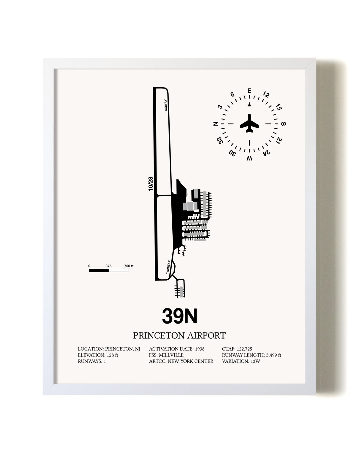 Princeton Airport airport map poster in oak frame