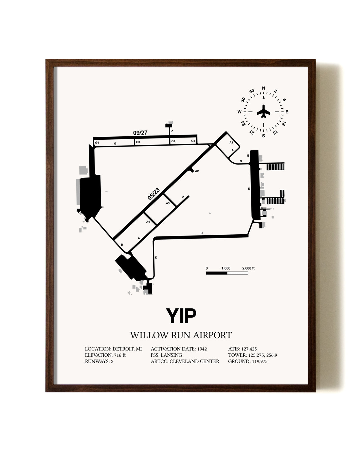 Willow Run Airport aviation print in walnut frame