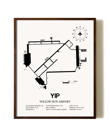 Willow Run Airport aviation print in walnut frame