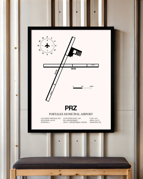 Portales Municipal Airport framed poster displayed in an airplane hangar