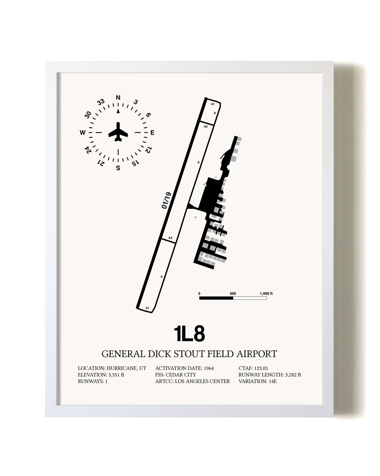 General Dick Stout Field Airport airport map poster in oak frame