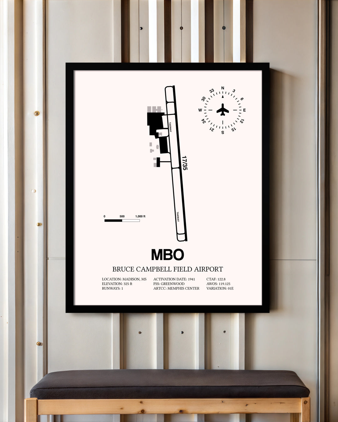 Bruce Campbell Field framed poster displayed in an airplane hangar