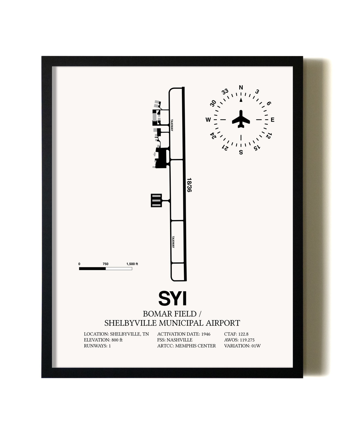 Framed Bomar Field / Shelbyville Municipal Airport wall art poster in black frame