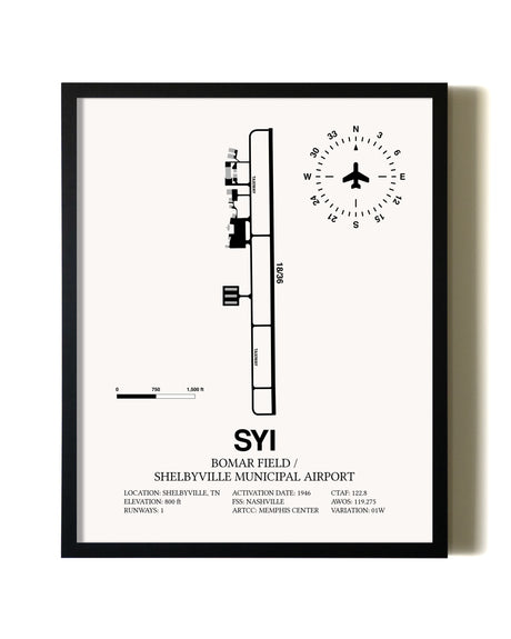 Framed Bomar Field / Shelbyville Municipal Airport wall art poster in black frame