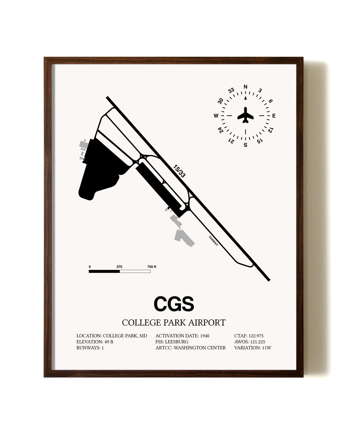 College Park Airport aviation print in walnut frame