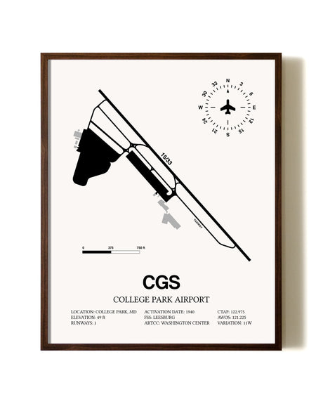 College Park Airport aviation print in walnut frame
