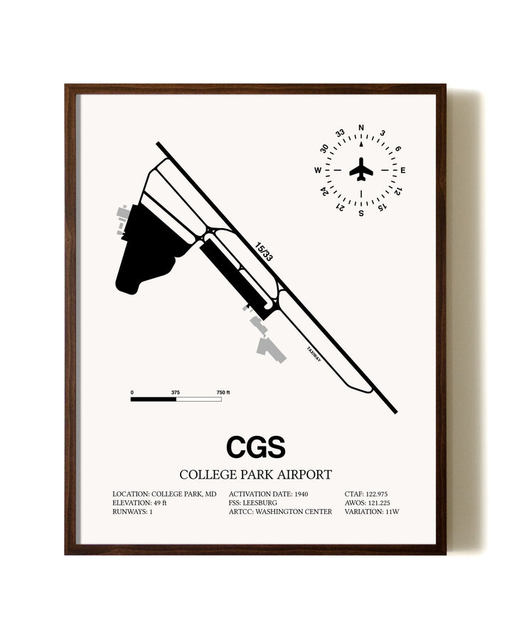 College Park Airport aviation print in walnut frame