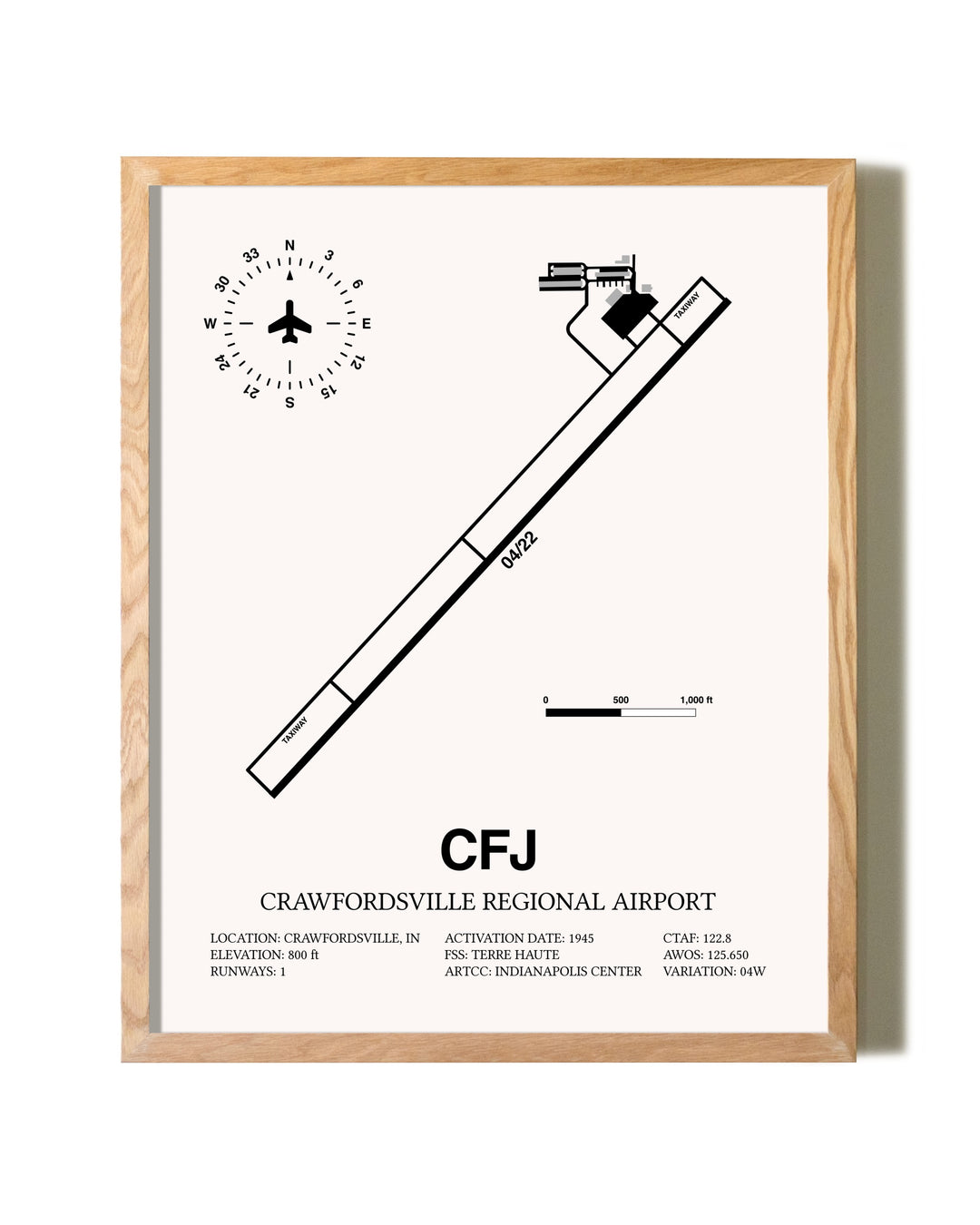 Crawfordsville Regional Airport framed print in natural wood frame