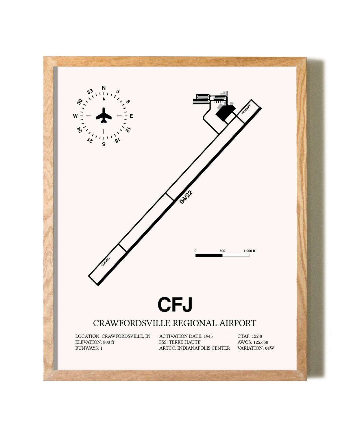 Crawfordsville Regional Airport framed print in natural wood frame
