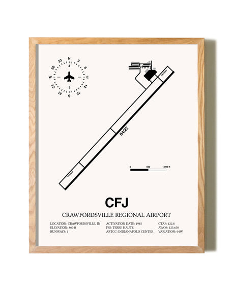 Crawfordsville Regional Airport framed print in natural wood frame
