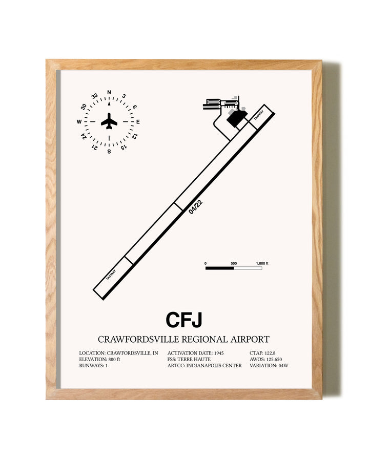 Crawfordsville Regional Airport framed print in natural wood frame