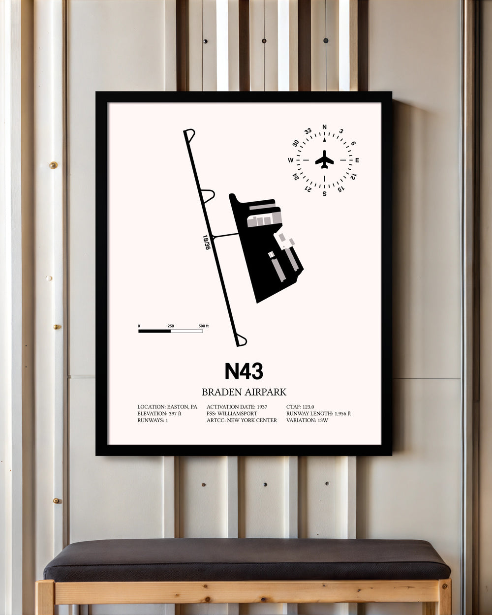 Braden Airpark framed poster displayed in an airplane hangar