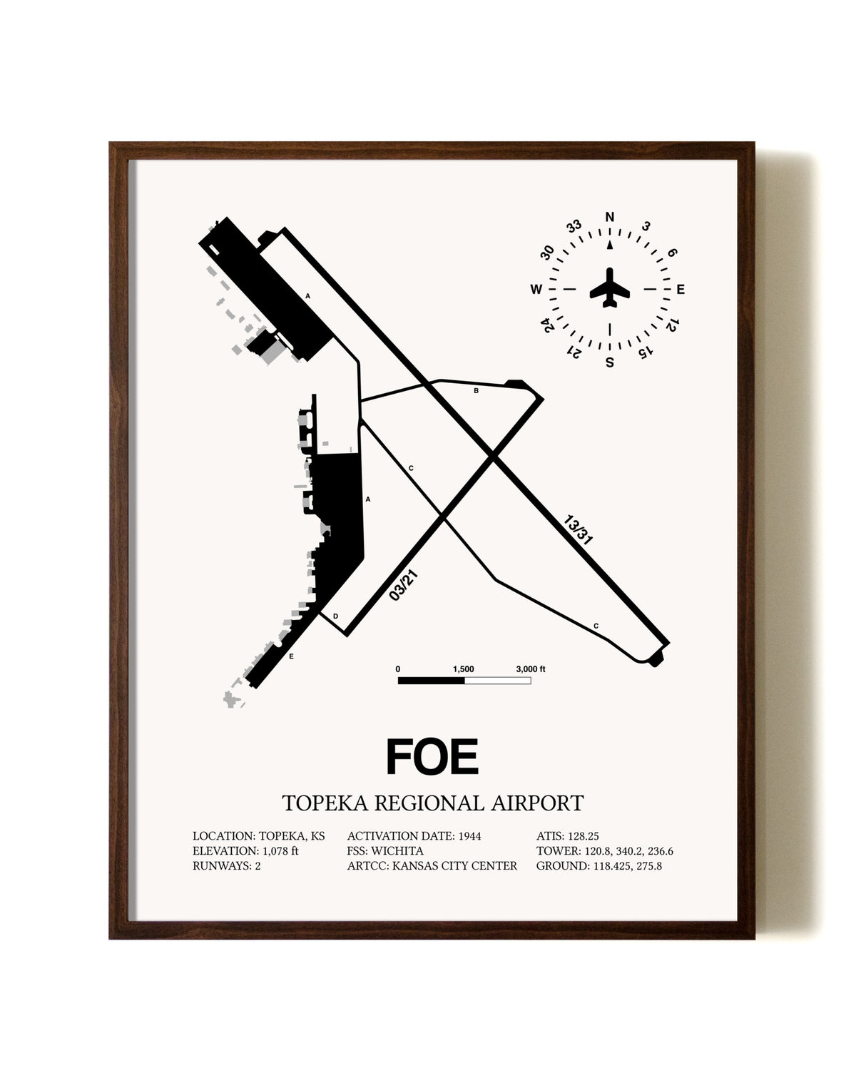 Topeka Regional Airport aviation print in walnut frame