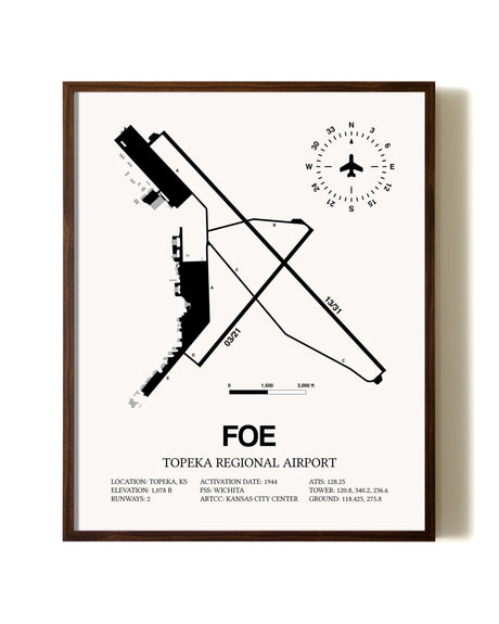 Topeka Regional Airport aviation print in walnut frame
