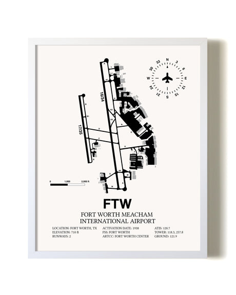 Fort Worth Meacham International Airport airport map poster in oak frame