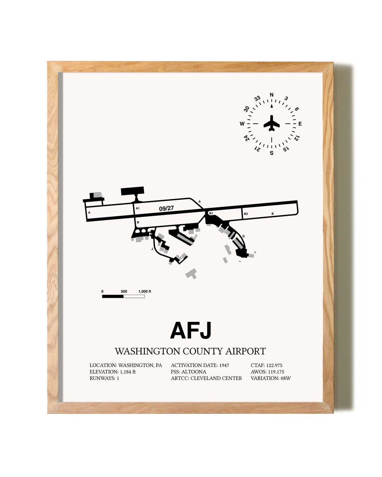 Washington County Airport framed print in natural wood frame