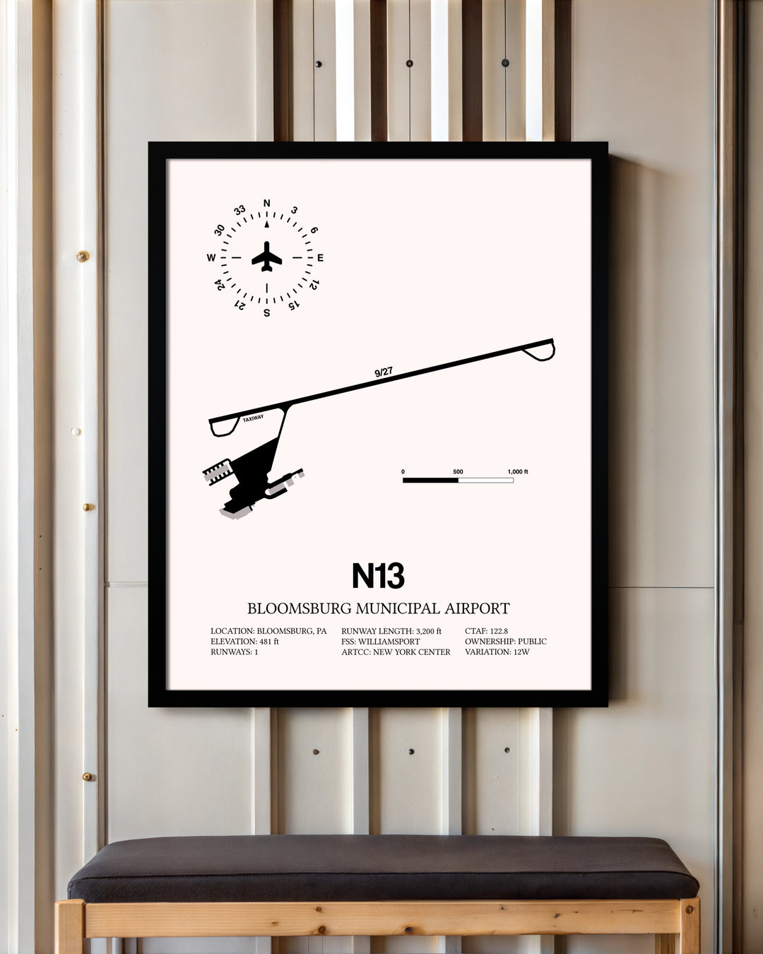 Bloomsburg Municipal Airport framed poster displayed in an airplane hangar