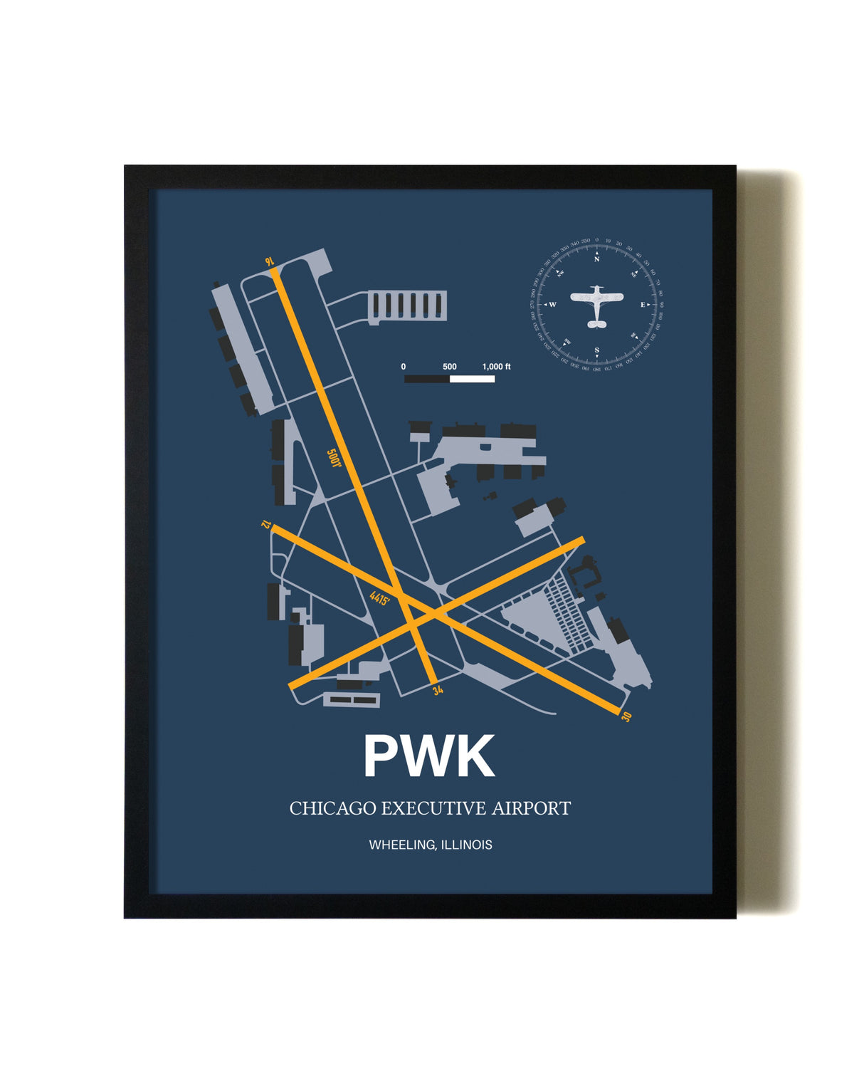 Blue and Yellow Framed Chicago Executive Airport wall art poster in black frame