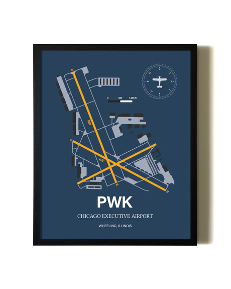 Blue and Yellow Framed Chicago Executive Airport wall art poster in black frame