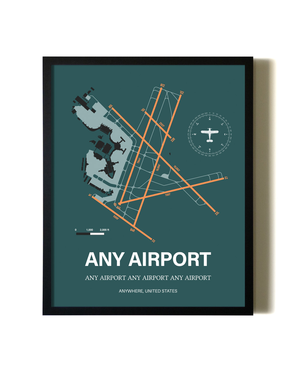 Green Any Airport aviation wall décor in black wood frame
