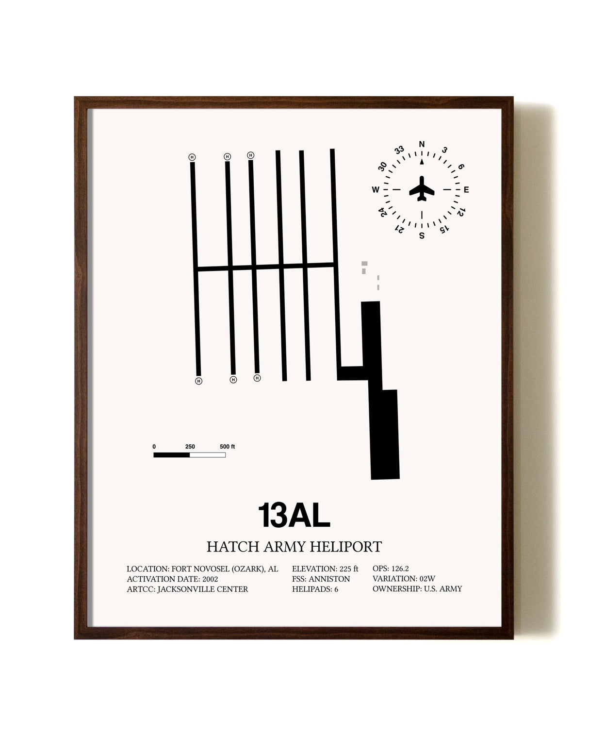 Hatch Army Heliport aviation print in walnut frame