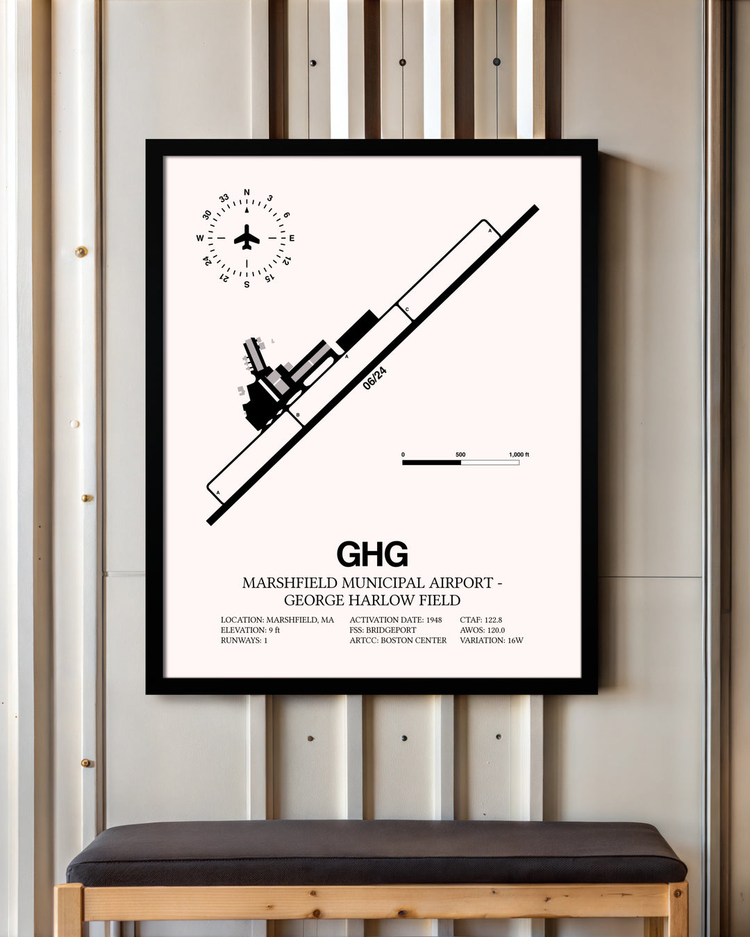 Marshfield Municipal Airport-George Harlow Field framed poster displayed in an airplane hangar