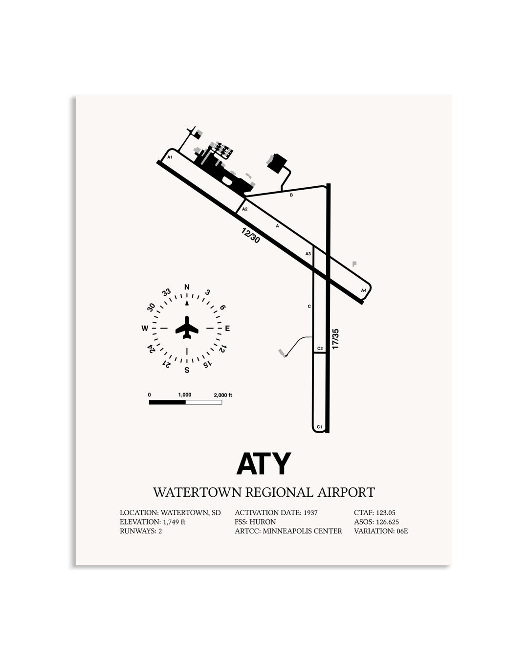 Gray Watertown Regional Airport framed poster displayed in an airplane hangar