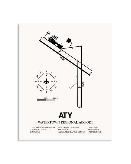 Gray Watertown Regional Airport framed poster displayed in an airplane hangar