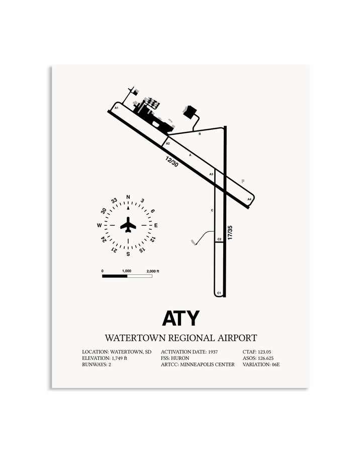 Gray Watertown Regional Airport framed poster displayed in an airplane hangar