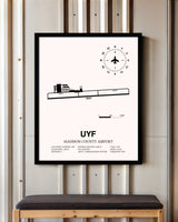 Madison County Airport framed poster displayed in an airplane hangar