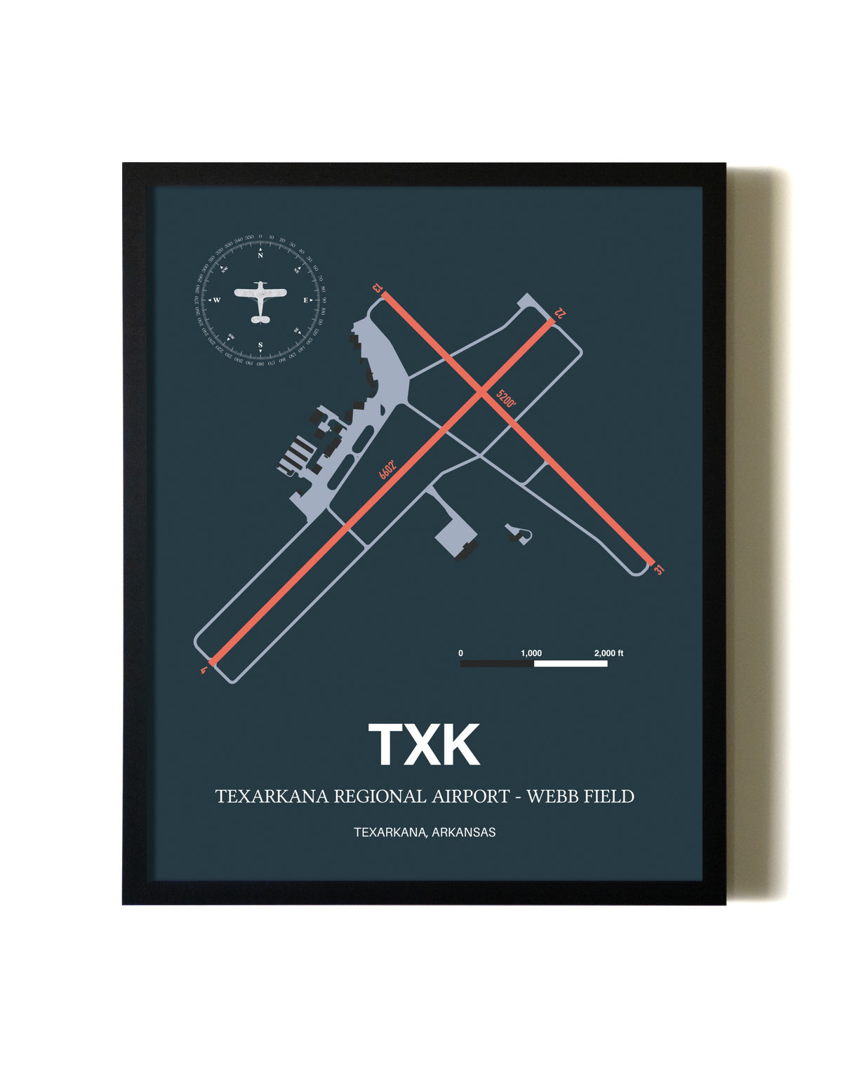 Framed Texarkana Regional Airport - Webb Field wall art poster in black frame