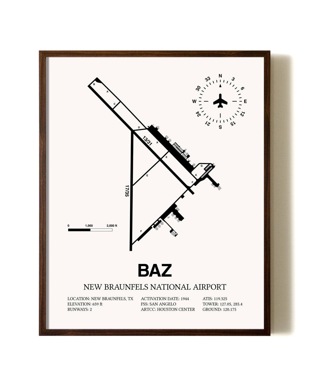 New Braunfels National Airport aviation print in walnut frame