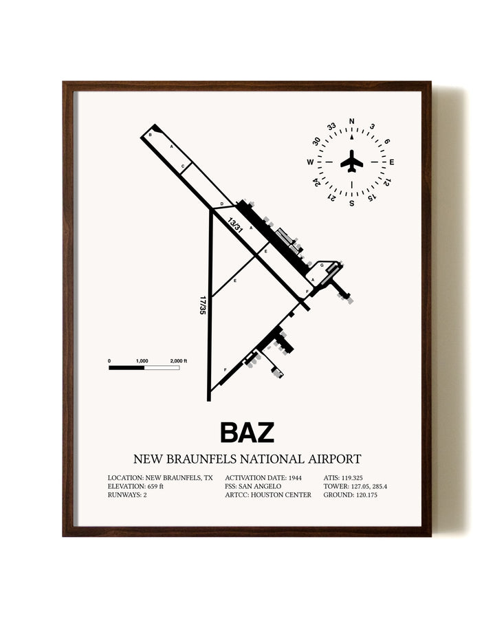 New Braunfels National Airport aviation print in walnut frame