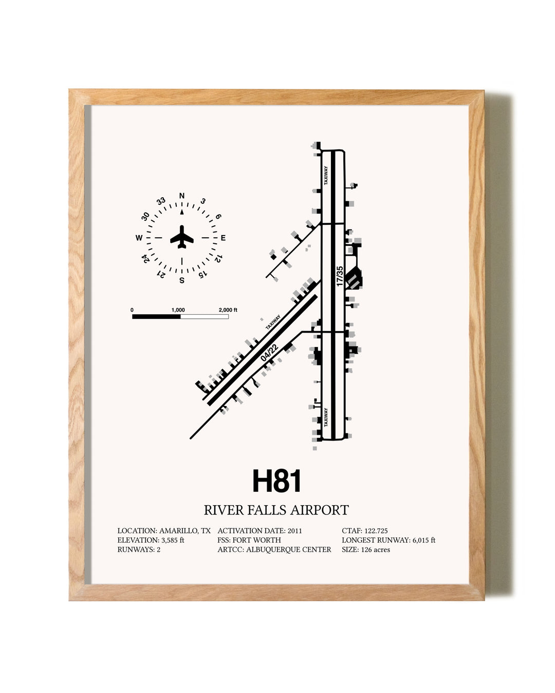 River Falls Airport framed print in natural wood frame