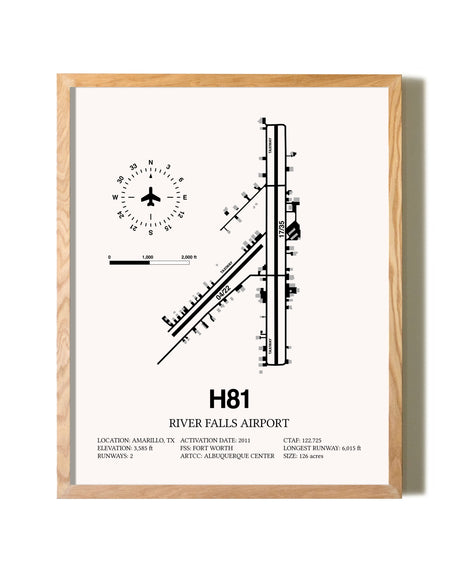River Falls Airport framed print in natural wood frame