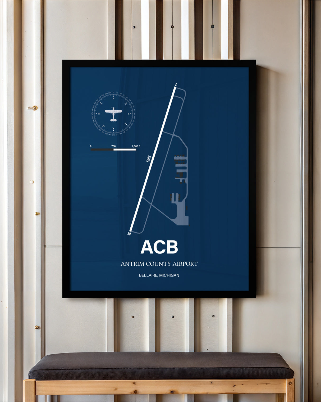 Antrim County Airport framed poster displayed in an airplane hangar