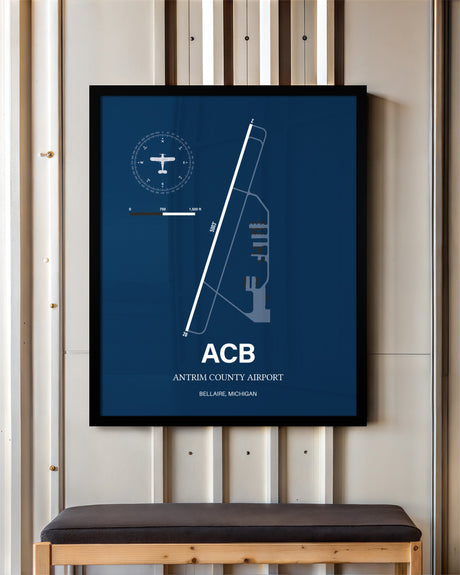 Antrim County Airport framed poster displayed in an airplane hangar