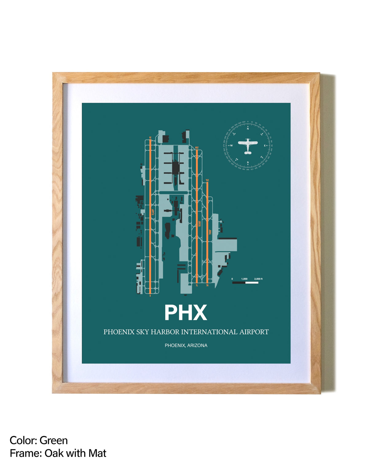 Phoenix Sky Harbor International Airport airport map poster in oak frame with mat