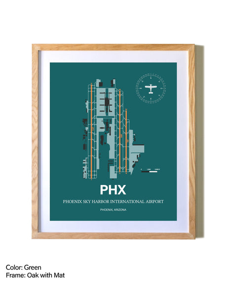 Phoenix Sky Harbor International Airport airport map poster in oak frame with mat
