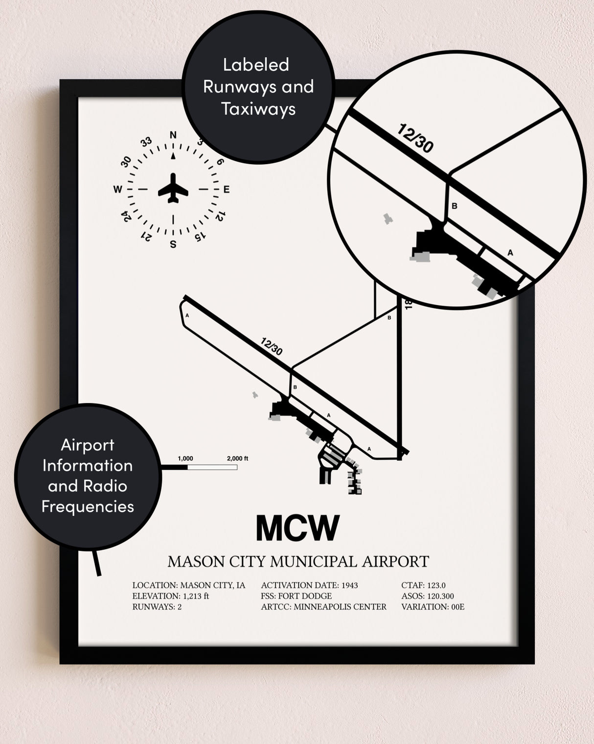 Framed Mason City Municipal Airport layout wall art poster